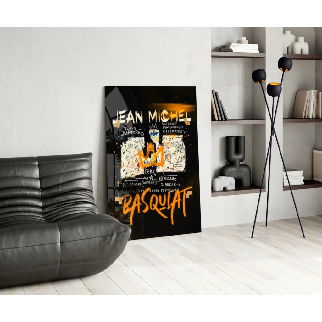 Basquiat graffiti canvas wall art in bold orange and black