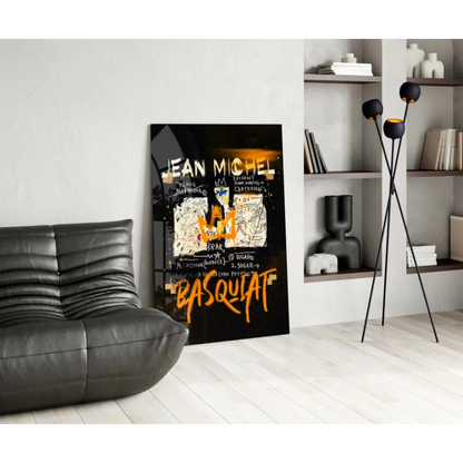 Basquiat graffiti canvas wall art in bold orange and black