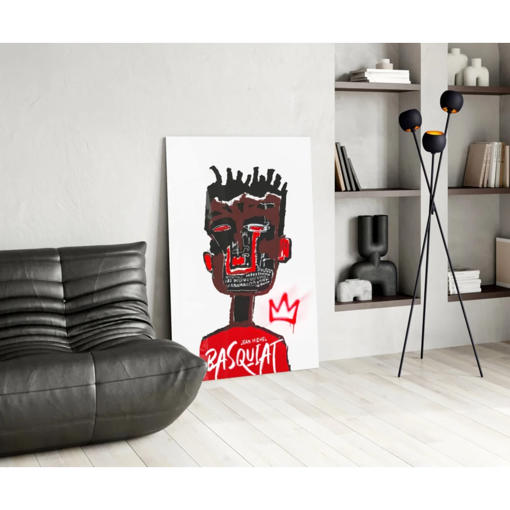 Basquiat Crown Graffiti glass wall art print on bold red black canvas