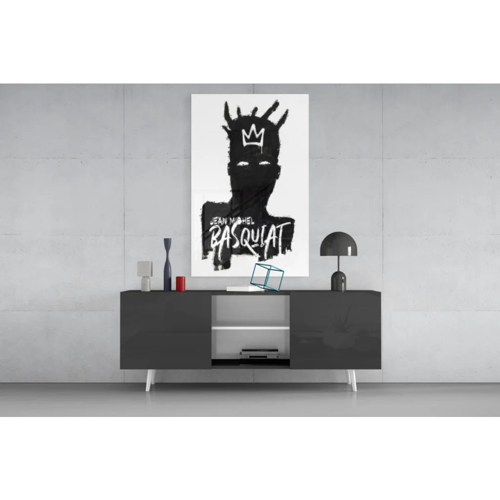 Stylized black and white Basquiat crown glass wall art canvas print