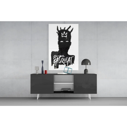Stylized black and white Basquiat crown glass wall art canvas print