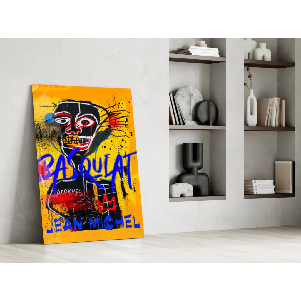 Vibrant yellow Basquiat graffiti glass wall art portrait