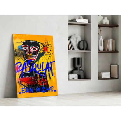 Vibrant yellow Basquiat graffiti glass wall art portrait