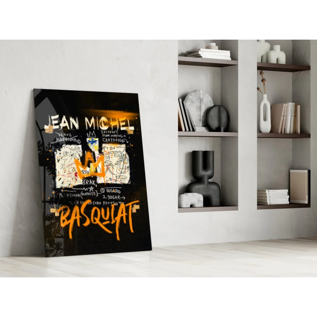 Bold Basquiat graffiti wall art on black canvas in orange lettering