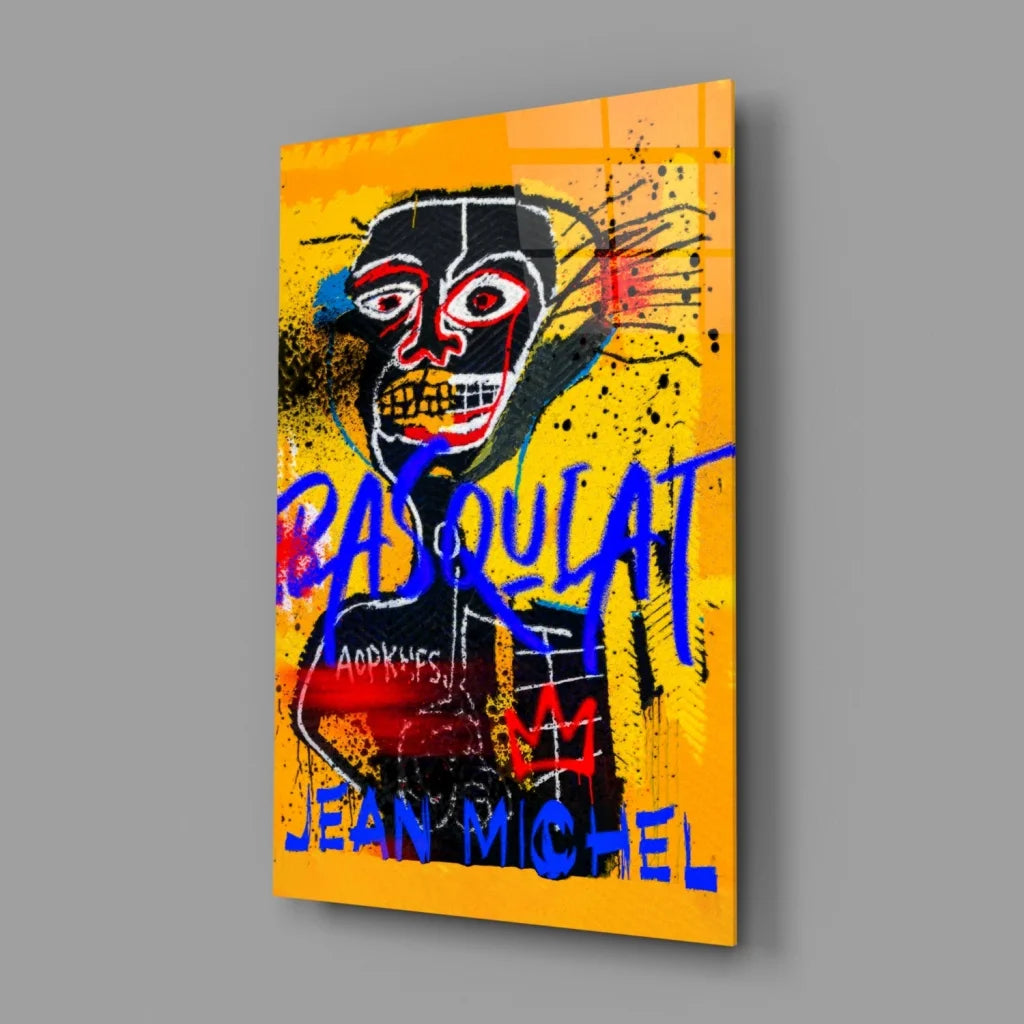 Vibrant yellow Basquiat graffiti glass wall art with black red face