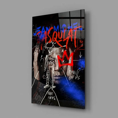 Basquiat-inspired graffiti glass wall art with crowned skeleton on dark canvas