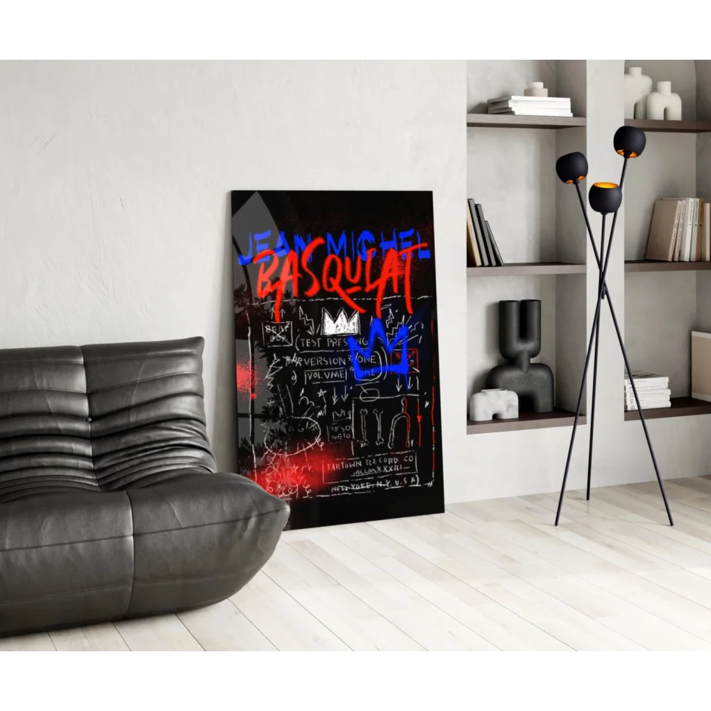Basquiat graffiti glass wall art canvas print with red blue lettering