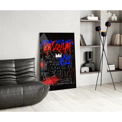 Basquiat graffiti glass wall art canvas print with red blue lettering