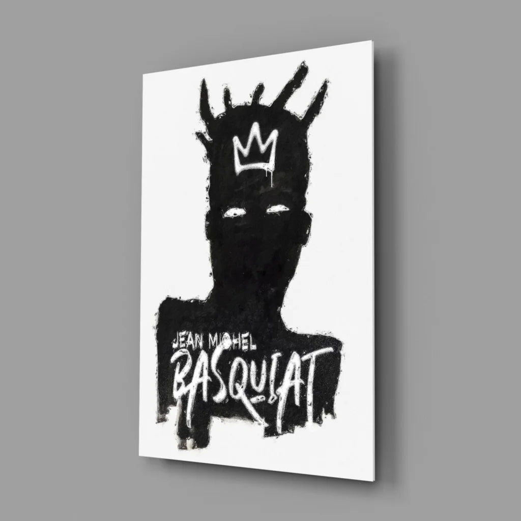 Basquiat Crown Glass Wall Art Black and White Canvas Print | Glass Wall Art Print | vintageantiquesgifts.com