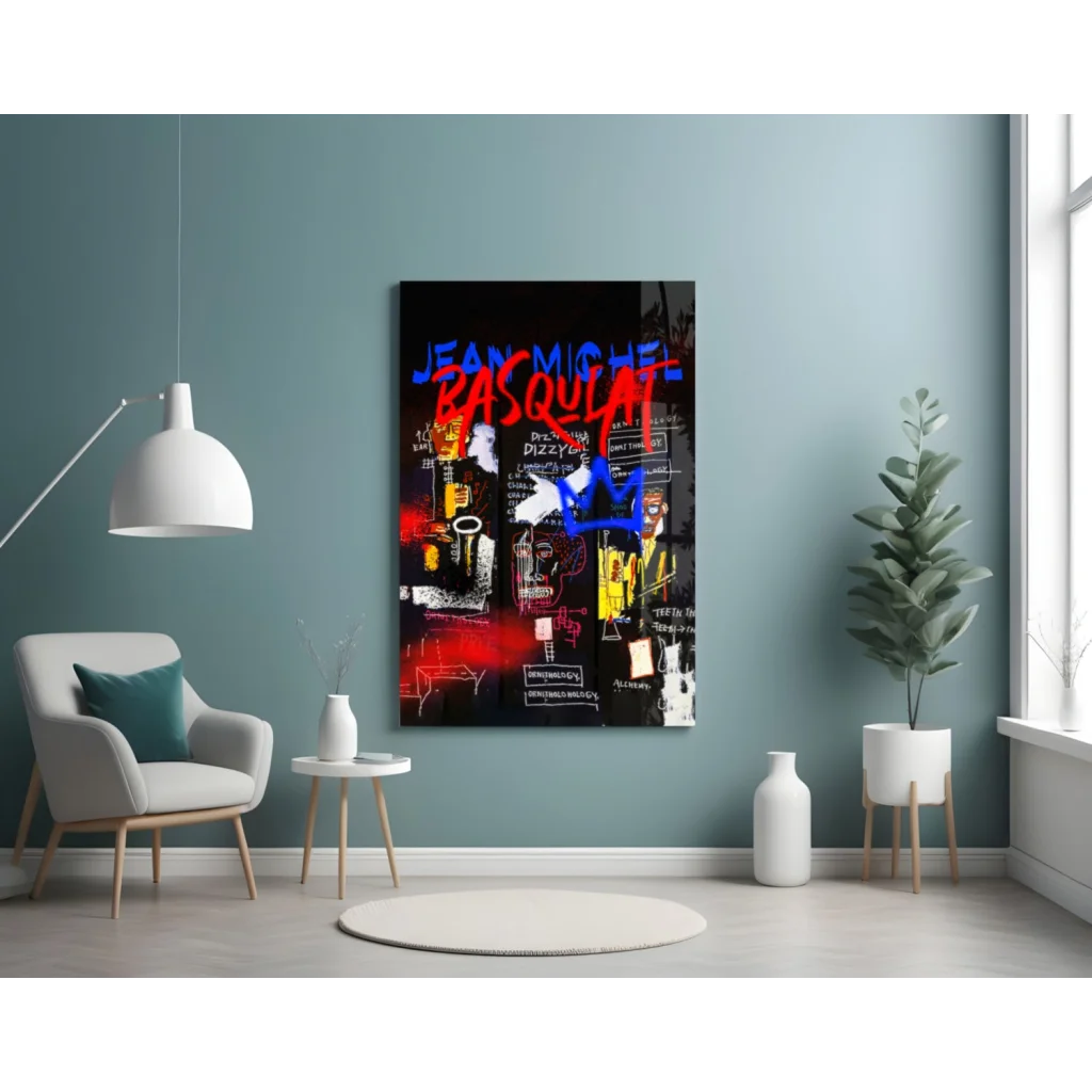Basquiat Graffiti Glass Wall Art in Bold Red and Blue | Contemporary Home Wall Art | vintageantiquesgifts.com