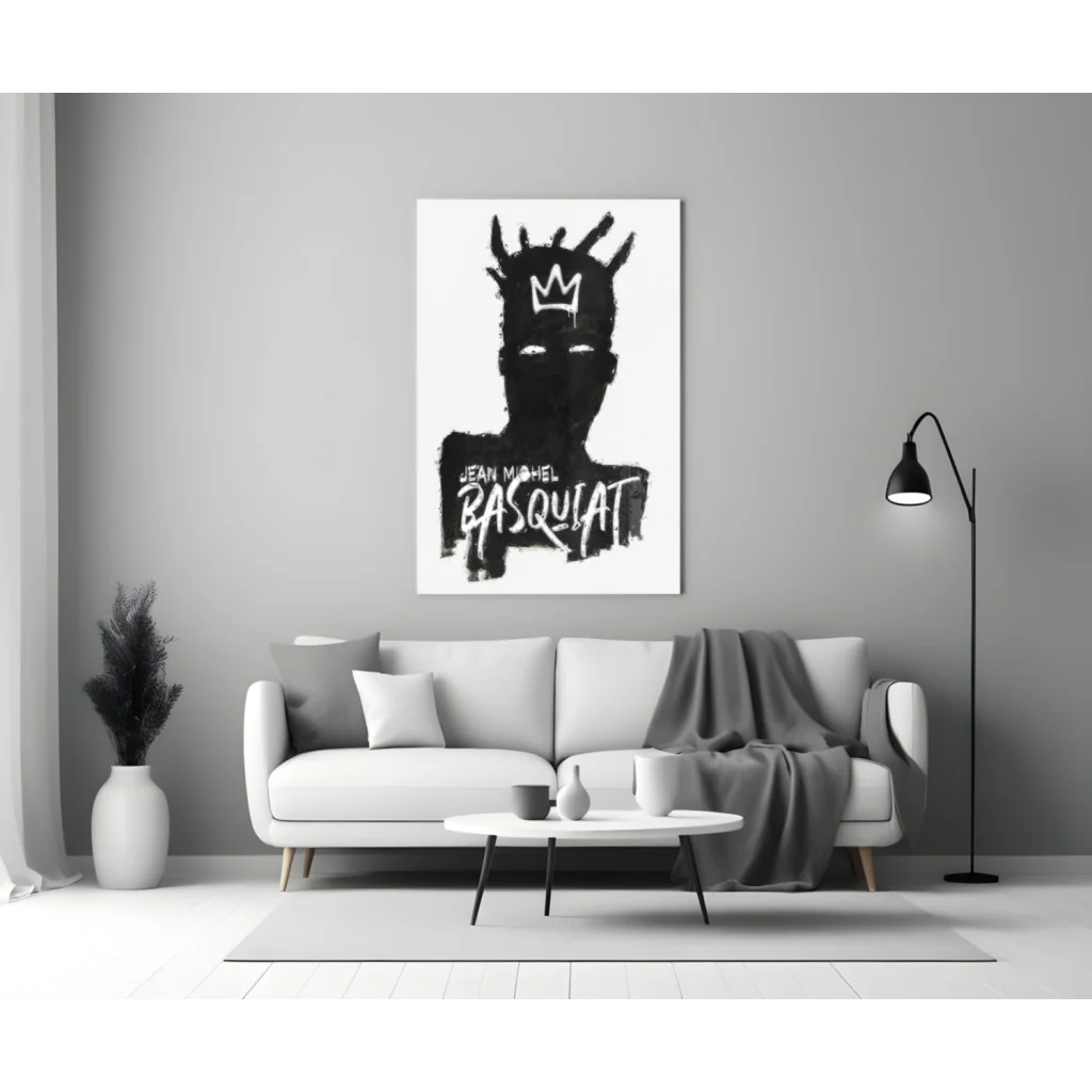 Basquiat Crown Glass Wall Art Black and White Canvas Print | Modern Wall Art Decor | vintageantiquesgifts.com