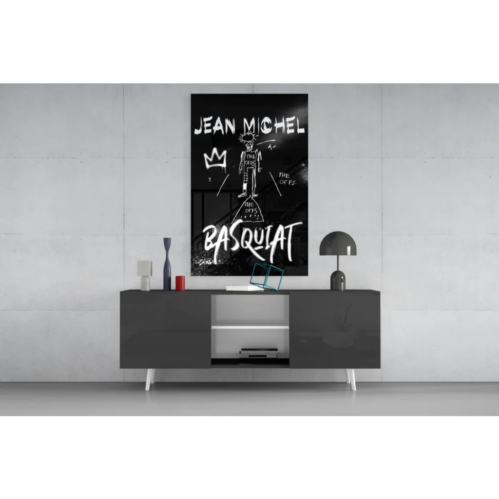 Basquiat graffiti style wall art print on black canvas
