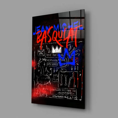 Vibrant Basquiat graffiti glass wall art canvas print in neon red and blue