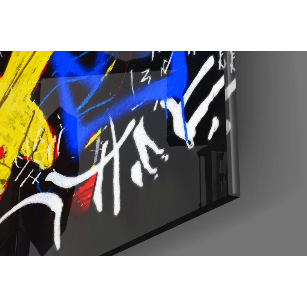 Vibrant Basquiat graffiti glass wall art in electric blue and yellow