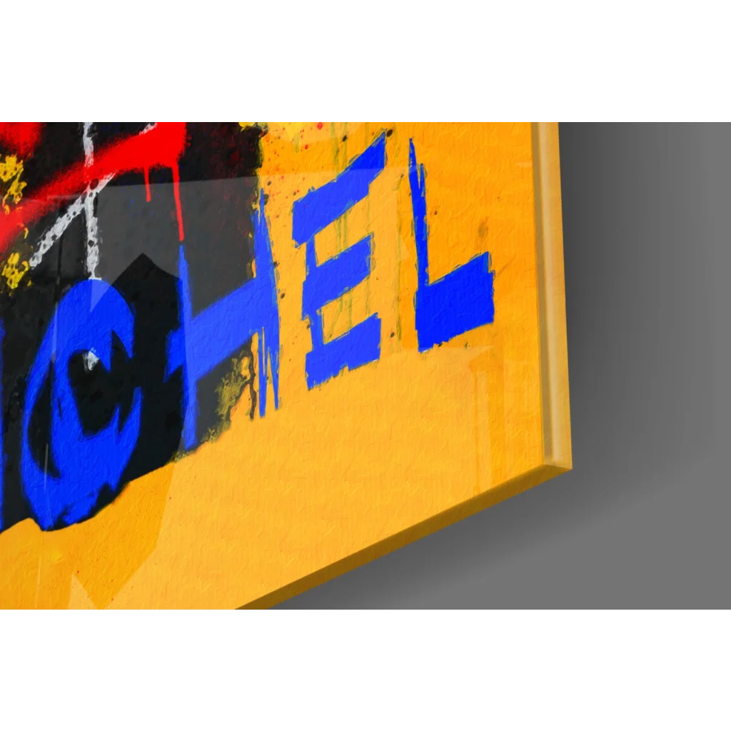 Vibrant yellow Basquiat graffiti glass wall art spelling chel in bold blue