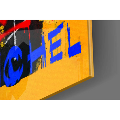 Vibrant yellow Basquiat graffiti glass wall art spelling chel in bold blue