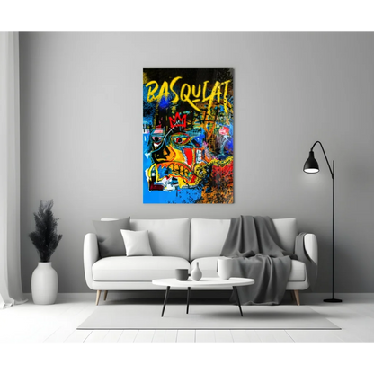 Vibrant Basquiat-style graffiti wall art canvas print in bold yellow, blue, red