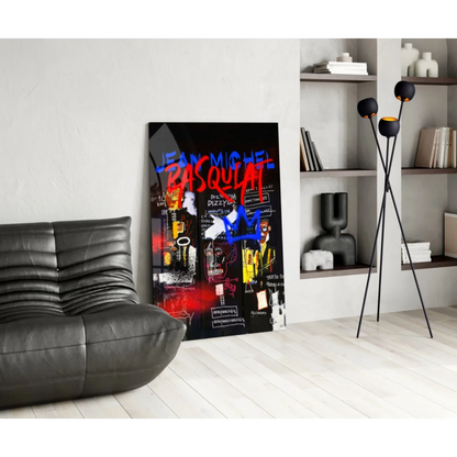 Vibrant Basquiat graffiti glass wall art in bold red and blue