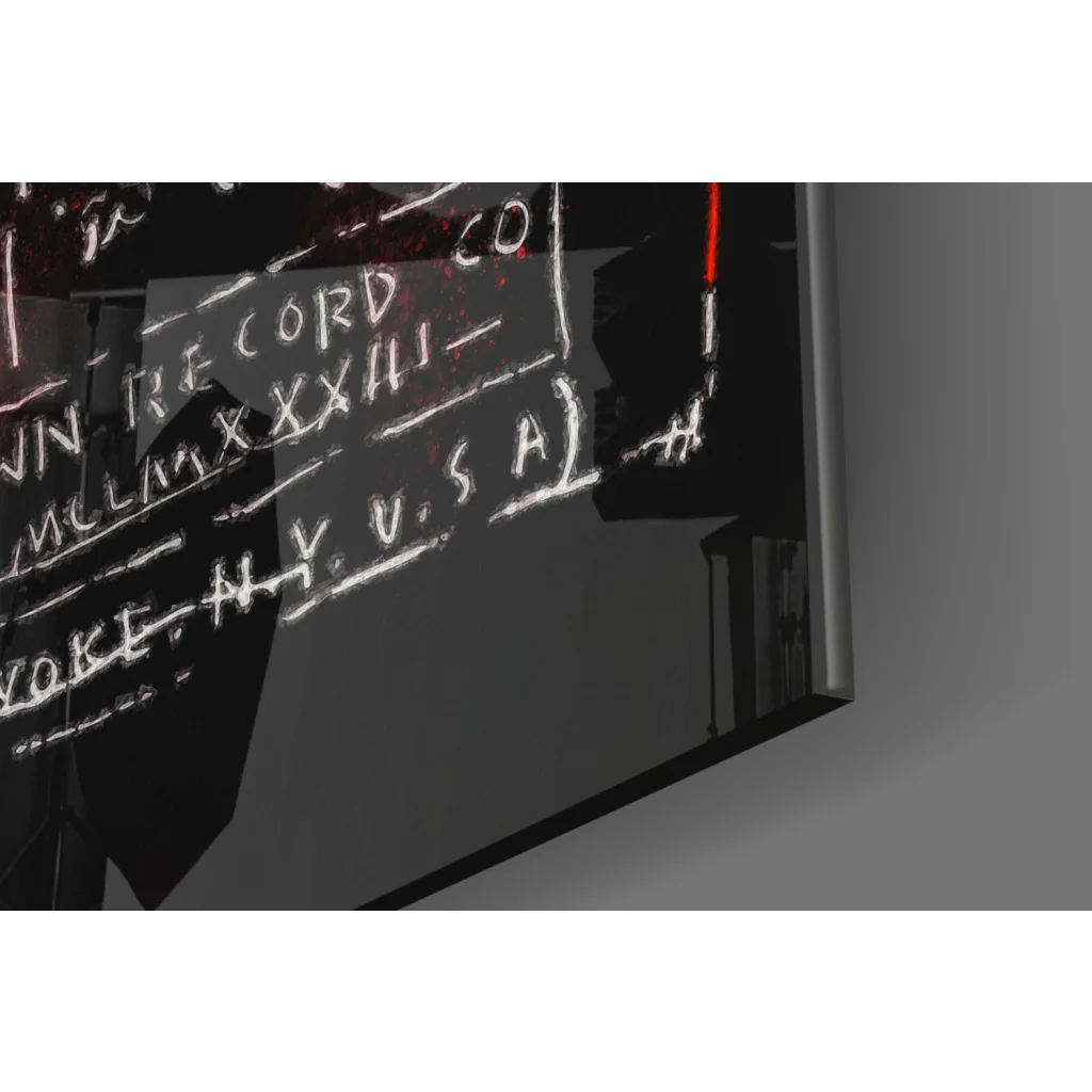 Basquiat graffiti glass wall art: black screen with chalk markings, red accents