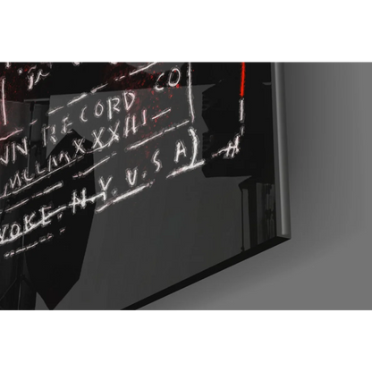Basquiat graffiti glass wall art: black screen with chalk markings, red accents