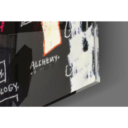 Bold black and white abstract glass wall art with textured brushstrokes and alchemy text