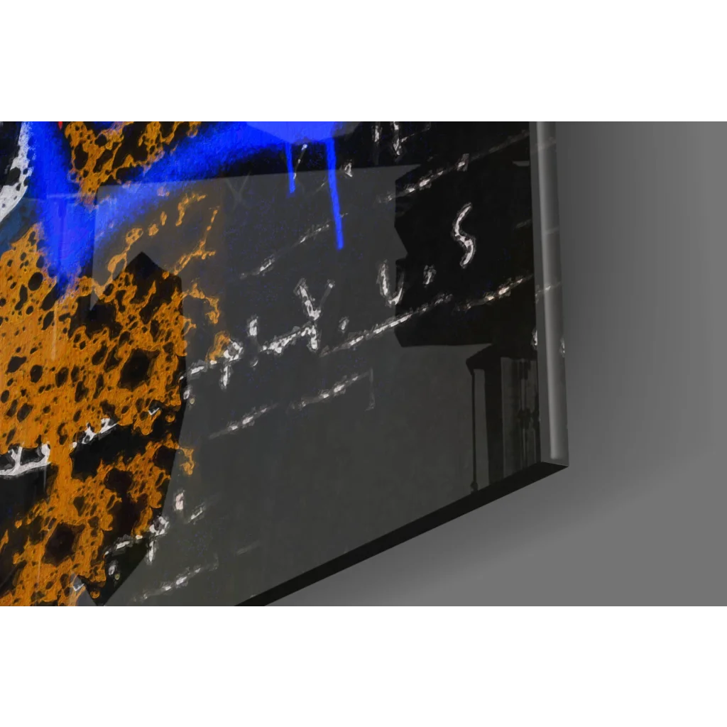 Bold graffiti skull wall art with orange blue splatters on gray canvas