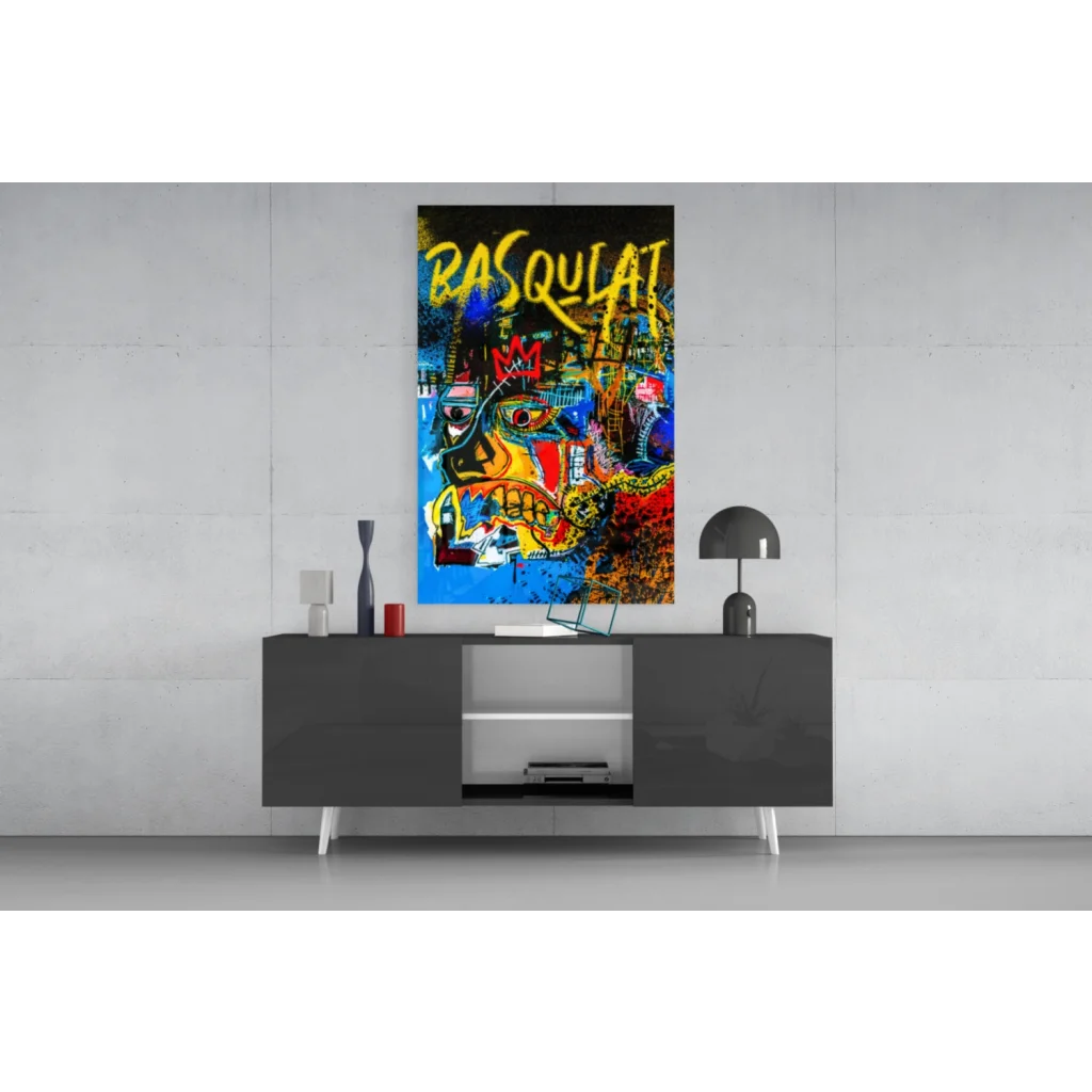 Vibrant Basquiat-style graffiti wall art canvas print with bold abstract face