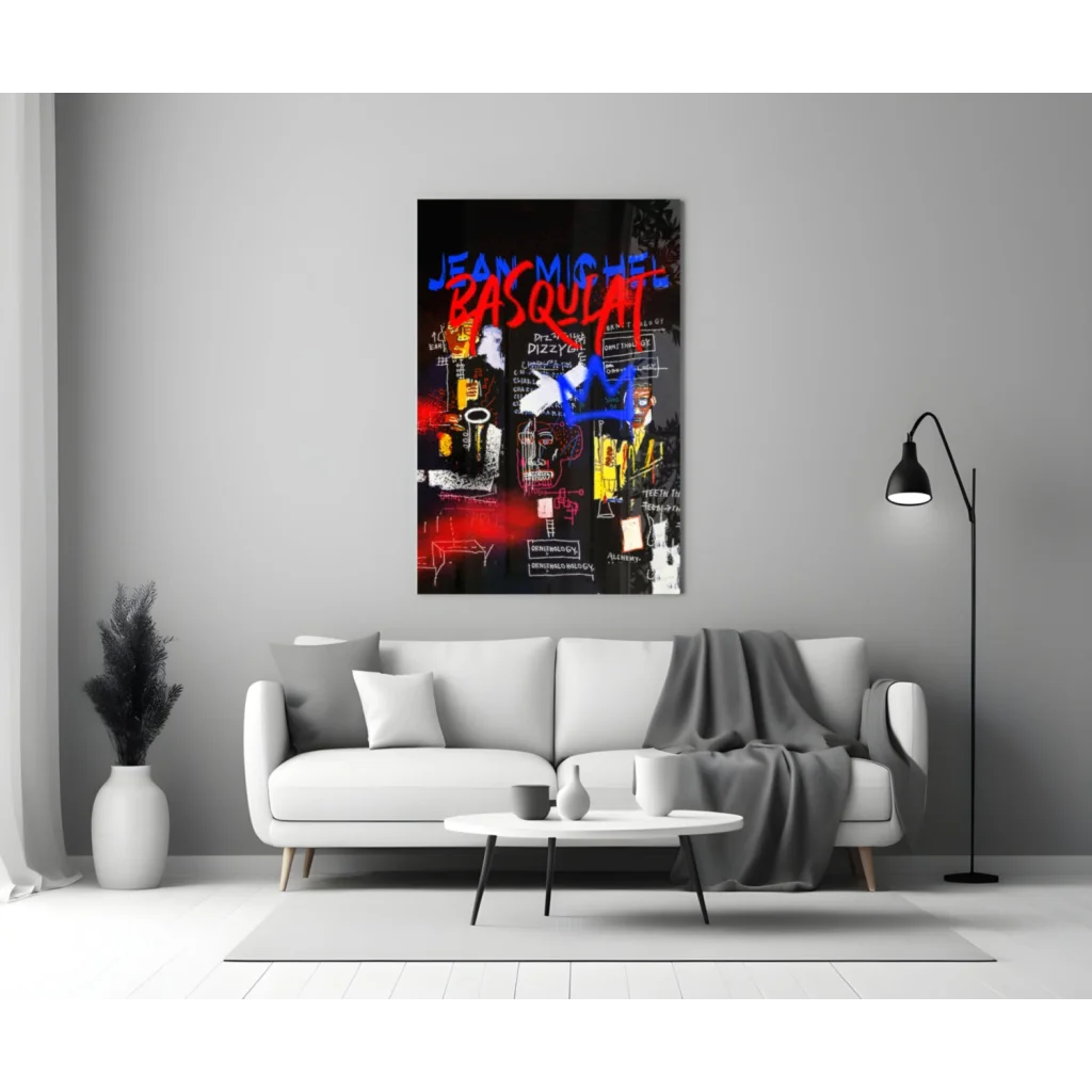 Basquiat Graffiti Glass Wall Art in Bold Red and Blue | Modern Wall Art Decor | vintageantiquesgifts.com