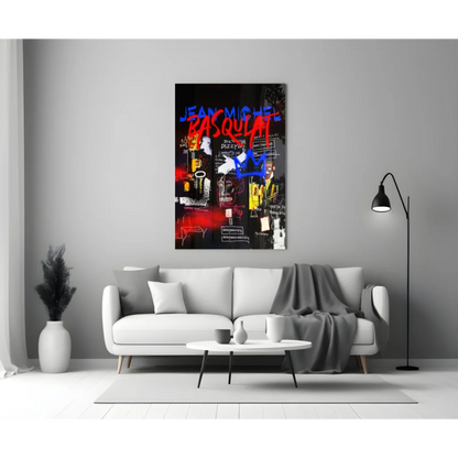 Basquiat Graffiti Glass Wall Art in Bold Red and Blue | Modern Wall Art Decor | vintageantiquesgifts.com