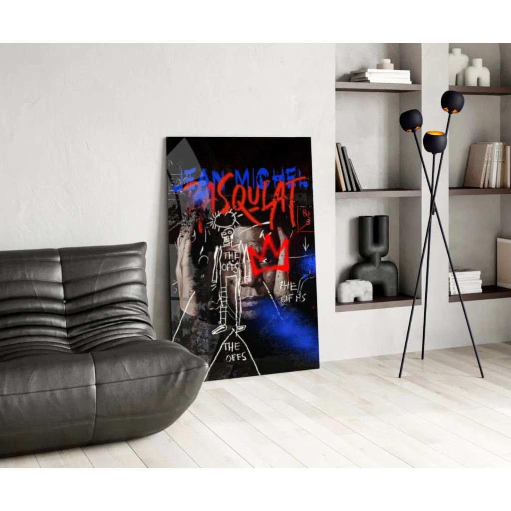 Basquiat-inspired graffiti glass wall art with red blue lettering