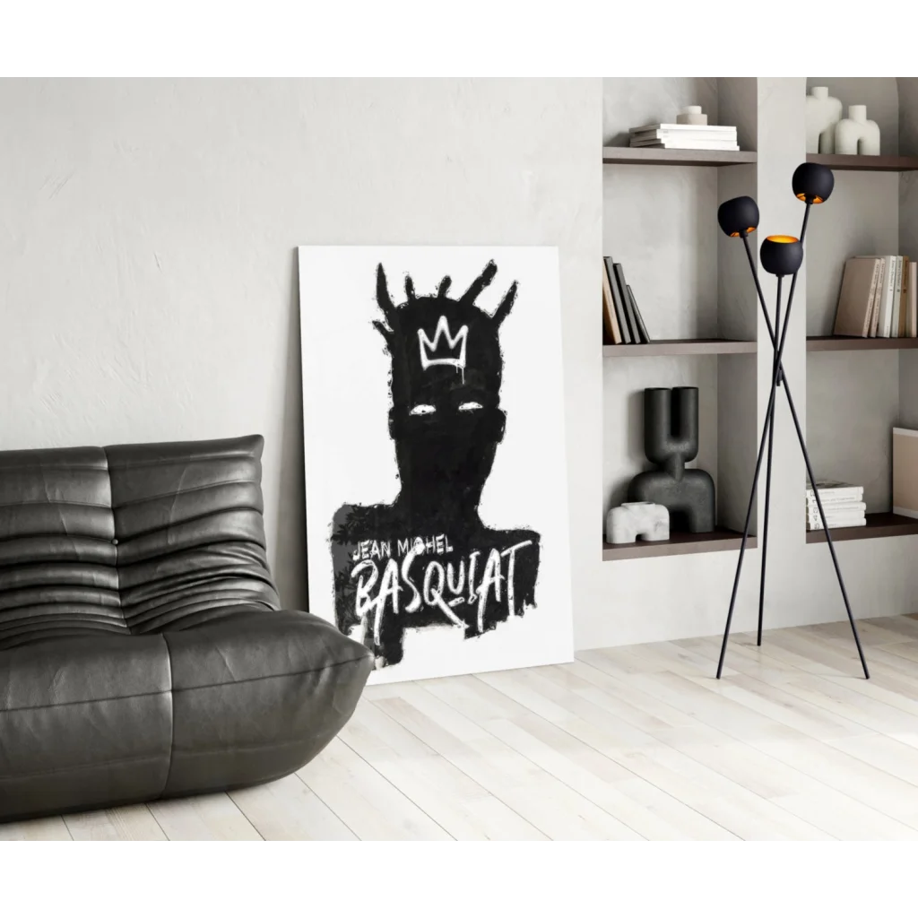 Basquiat crown black and white glass wall art canvas print