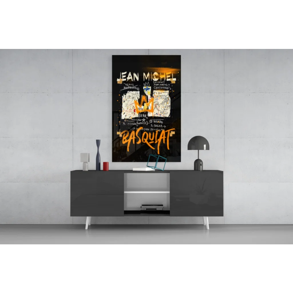 Bold Basquiat graffiti wall art canvas in orange and black