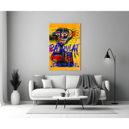 Basquiat graffiti glass wall art in electric yellow