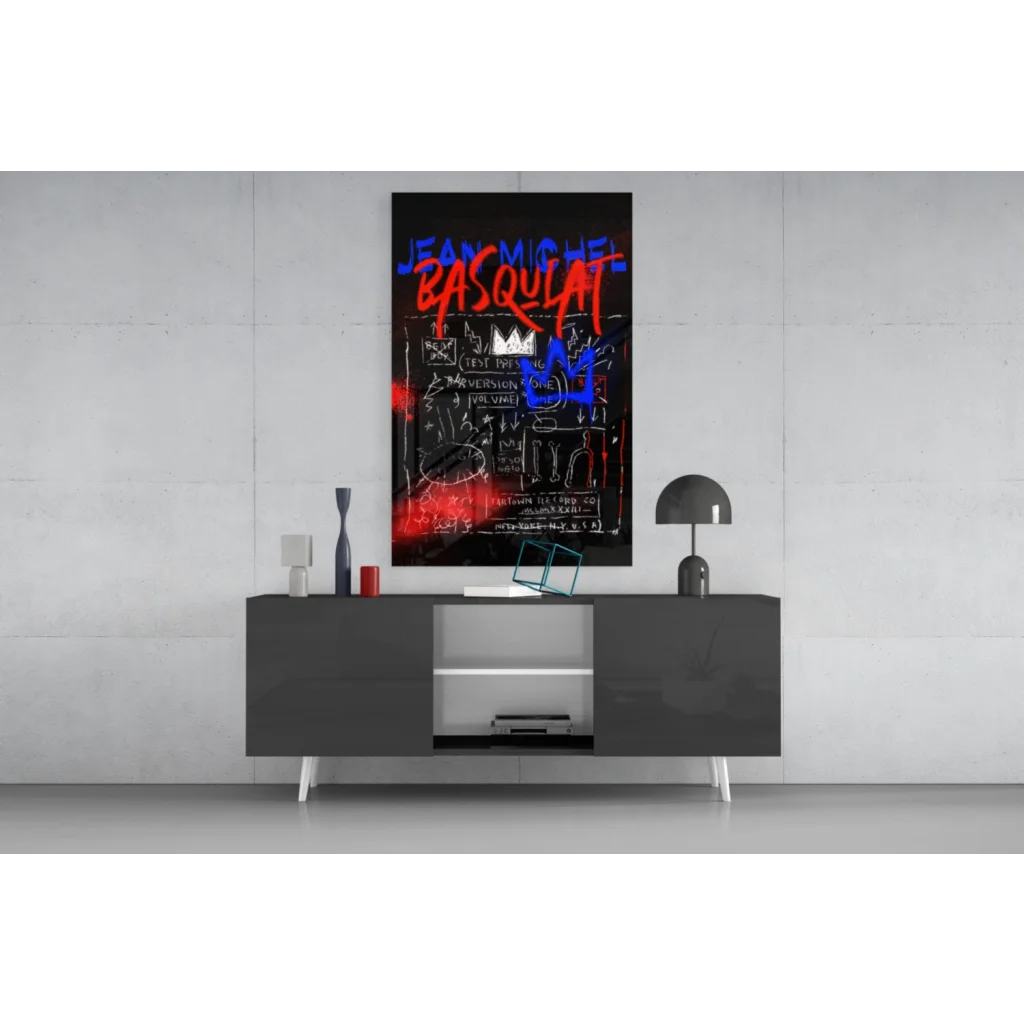 Vibrant Basquiat graffiti glass wall art canvas print in neon red blue on black