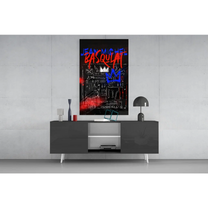 Vibrant Basquiat graffiti glass wall art canvas print in neon red blue on black