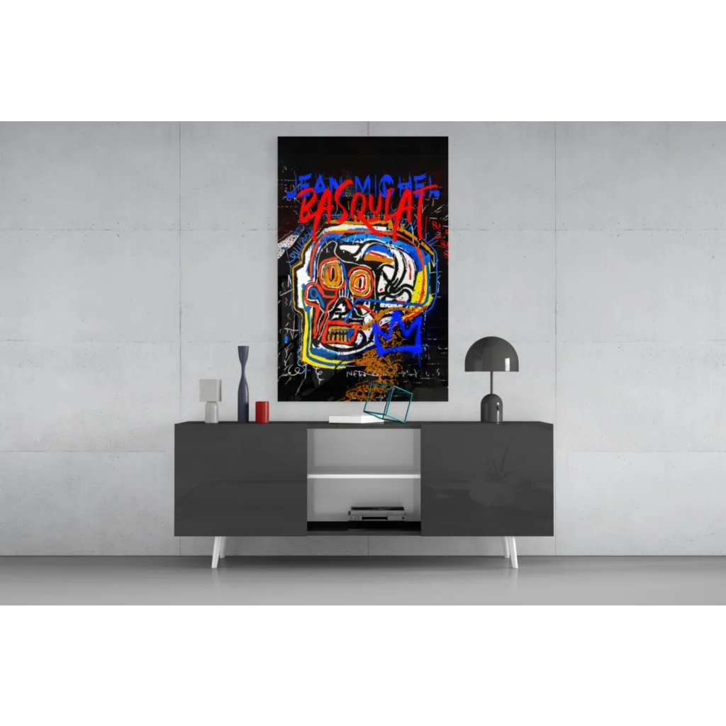 Vibrant Basquiat graffiti skull wall art on black canvas with bold colors