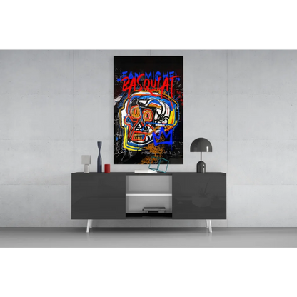 Vibrant Basquiat graffiti skull wall art on black canvas with bold colors