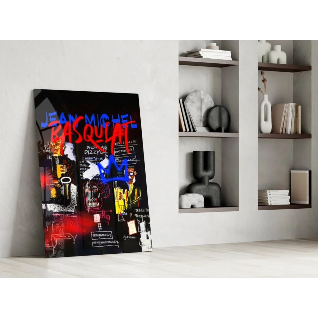 Bold Basquiat graffiti glass wall art in red, blue on black canvas print