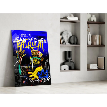 Vibrant Basquiat graffiti glass wall art in electric blue and yellow