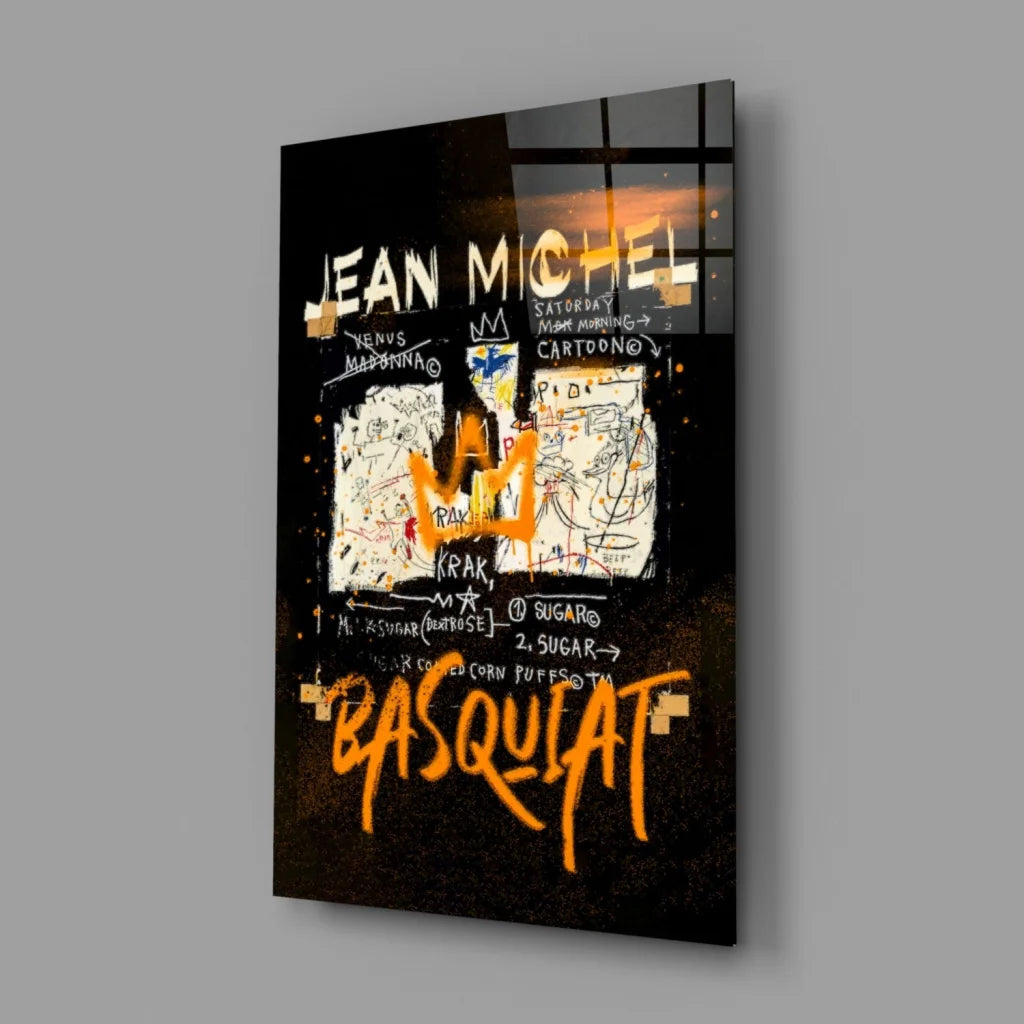 Basquiat Graffiti Canvas Wall Art in Bold Orange and Black | Glass Wall Art Print | vintageantiquesgifts.com