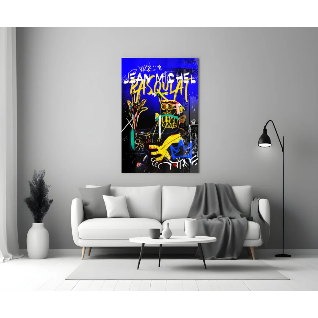 Vibrant Basquiat graffiti glass wall art in blue, yellow, white on black