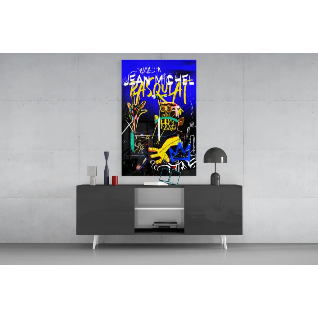 Basquiat graffiti glass wall art in vibrant blue with bold yellow markings