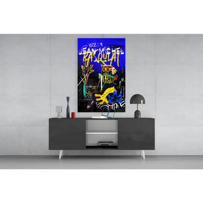 Basquiat graffiti glass wall art in vibrant blue with bold yellow markings