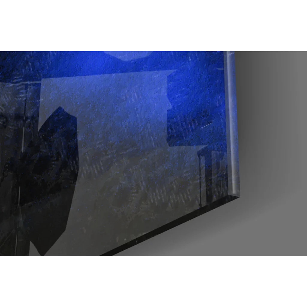 Blue metallic Basquiat-inspired glass wall art with textured reflective surface and geometric cutouts