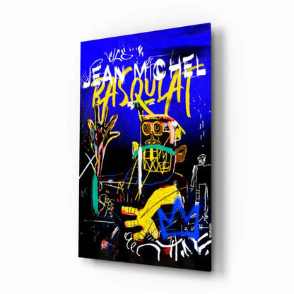 Vibrant Basquiat graffiti glass wall art in electric blue and yellow
