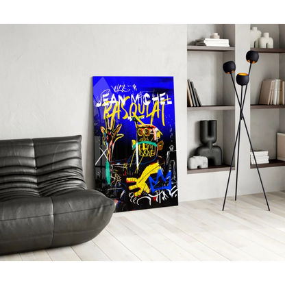Vibrant Basquiat graffiti glass wall art in electric blue and yellow