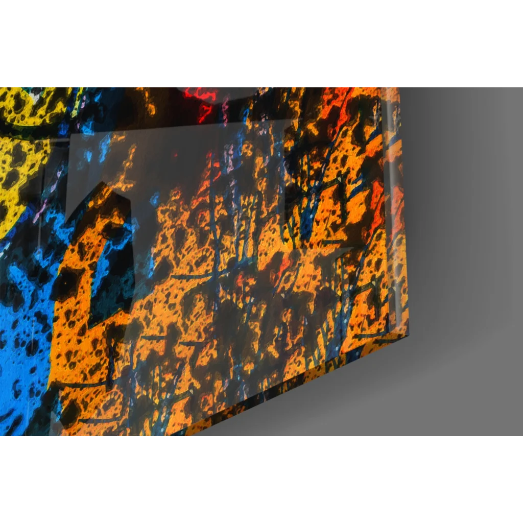 Basquiat style graffiti wall art canvas print with vibrant orange, blue, yellow splashes on dark background