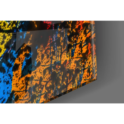 Basquiat style graffiti wall art canvas print with vibrant orange, blue, yellow splashes on dark background