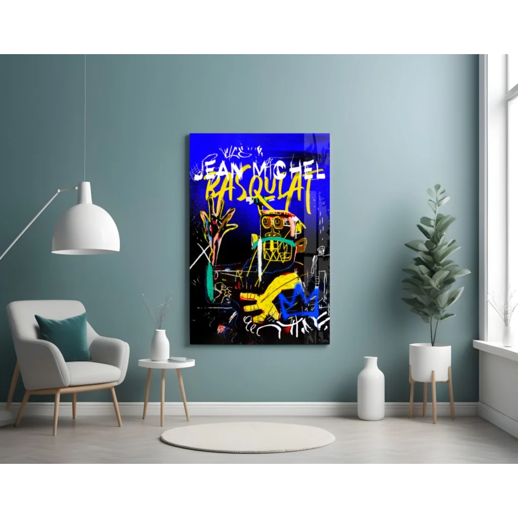 Vibrant Basquiat graffiti glass wall art in electric blue and yellow