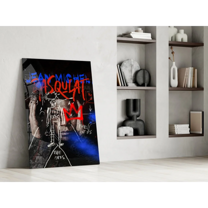 Basquiat-inspired graffiti glass wall art with bold red blue lettering on canvas